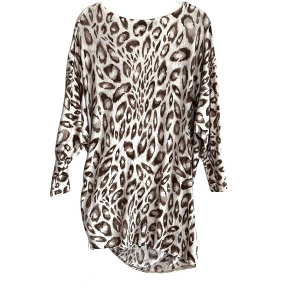 Express Womens Lightweight Sweater Large Ivory Tan Animal Print Ruched Side Tie - Picture 4 of 6